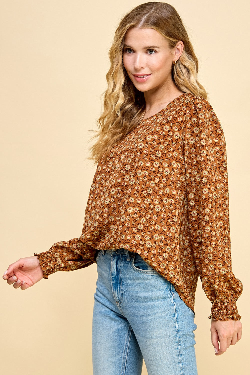 Smocked Detail Floral Top