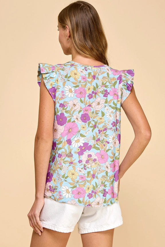 Ruffle Sleeve Floral Top - Light Blue