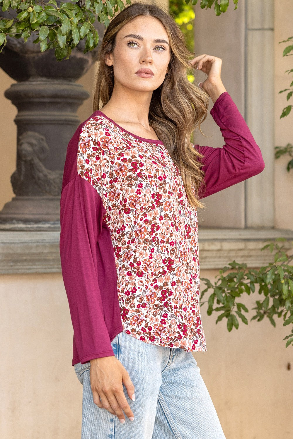 Contrast Sleeve Floral Top - Burgundy