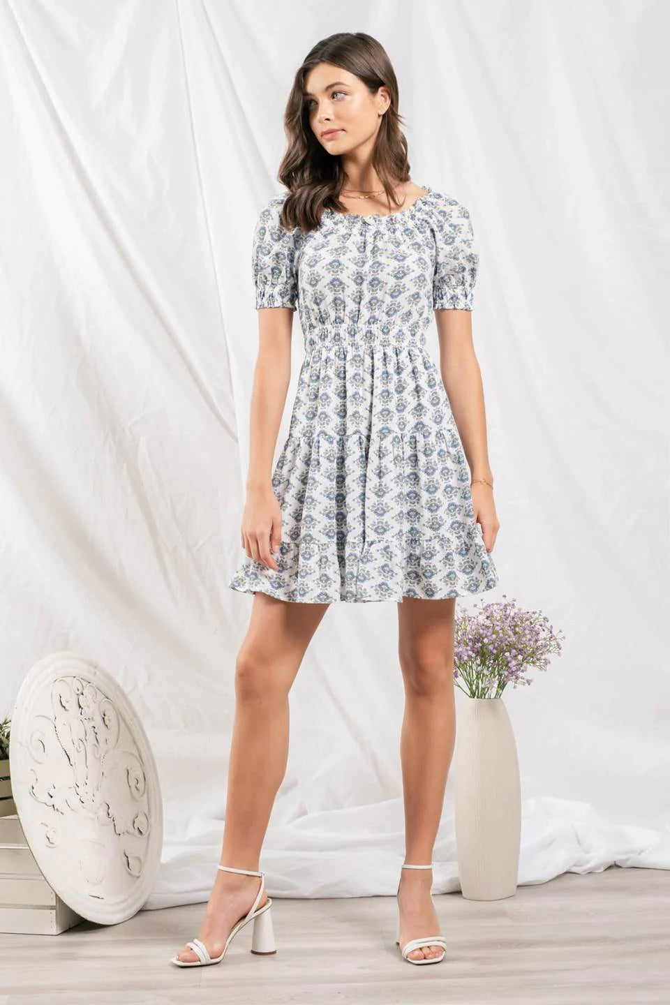 Ruffle Collar Puff Sleeves Mini Dress