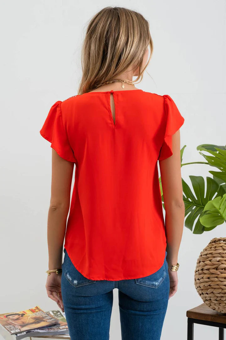 Vertical Pleat Lace Shoulder Top