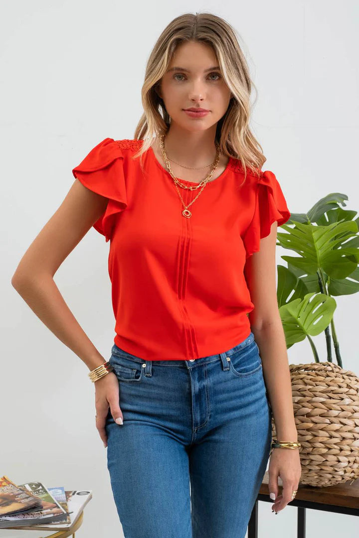 Vertical Pleat Lace Shoulder Top