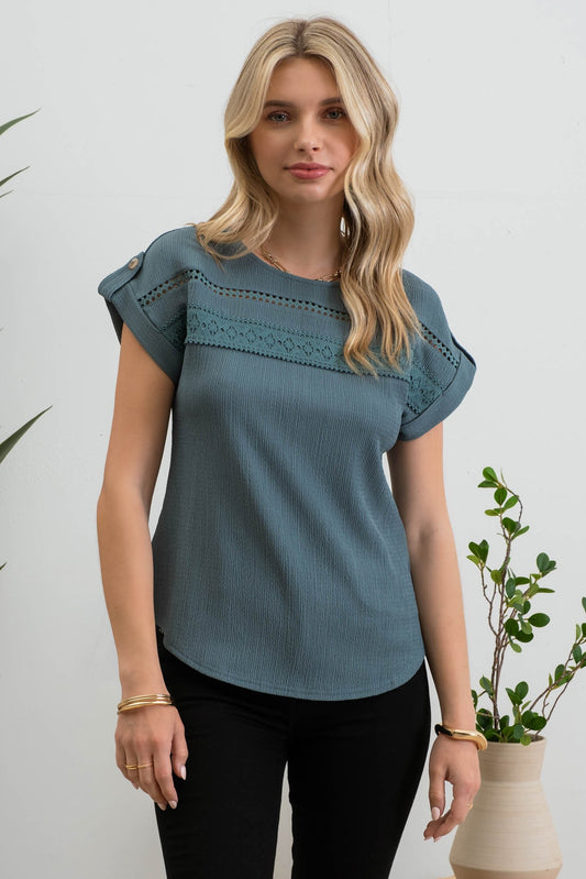 Sleeve Lace Crinkle Knit Top