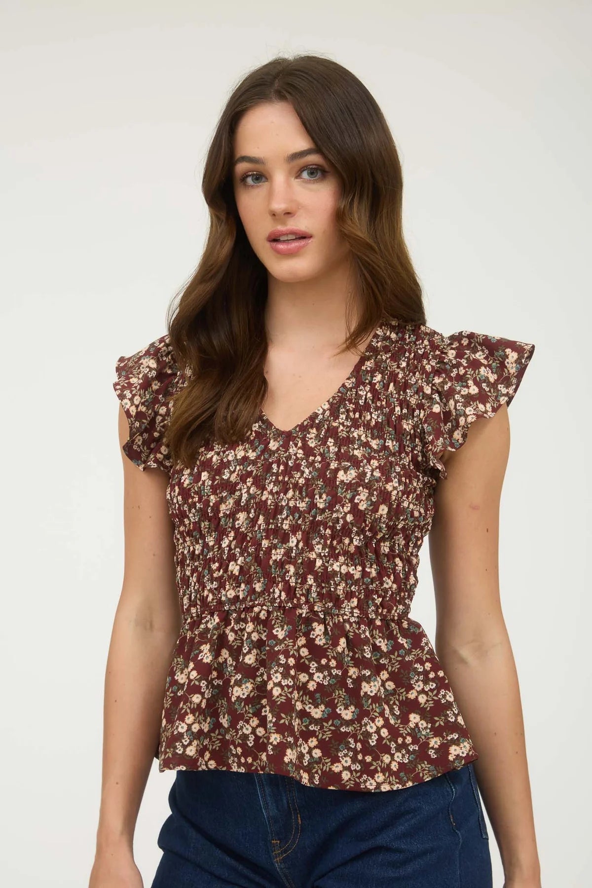 Smocked V-Neck Ruffle Sleeve Top