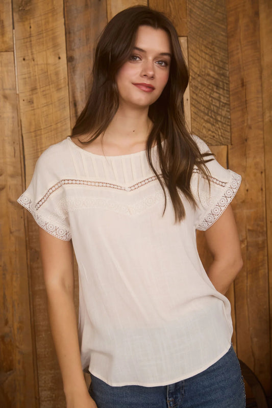 Lace Trim Pleated Yoke Top