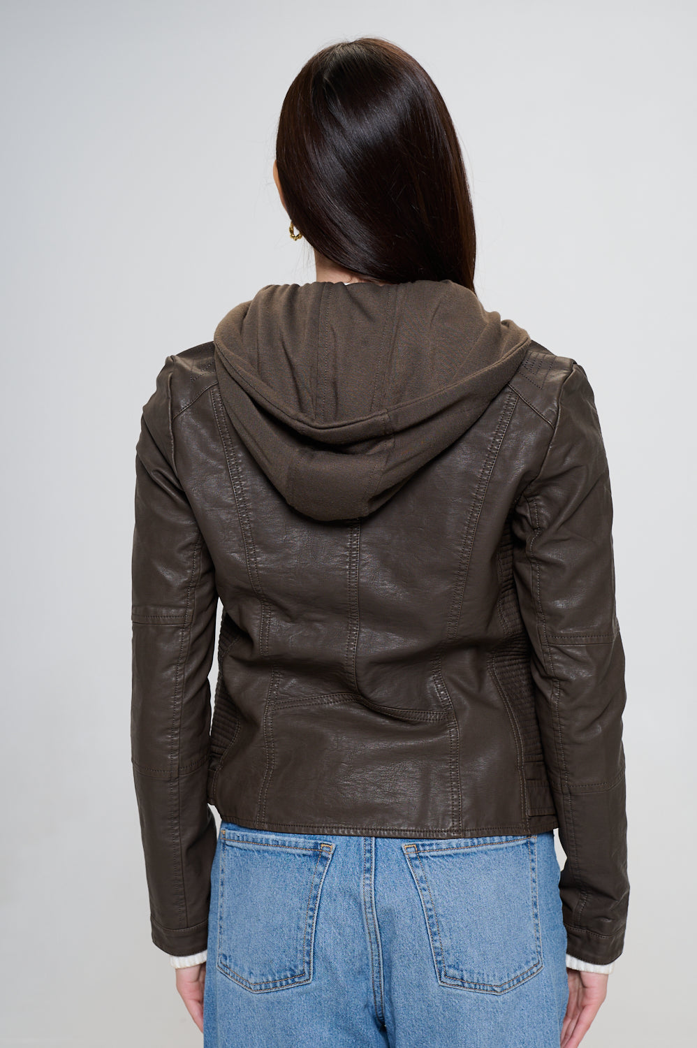 Hooded Vegan Leather Jacket - Coffee