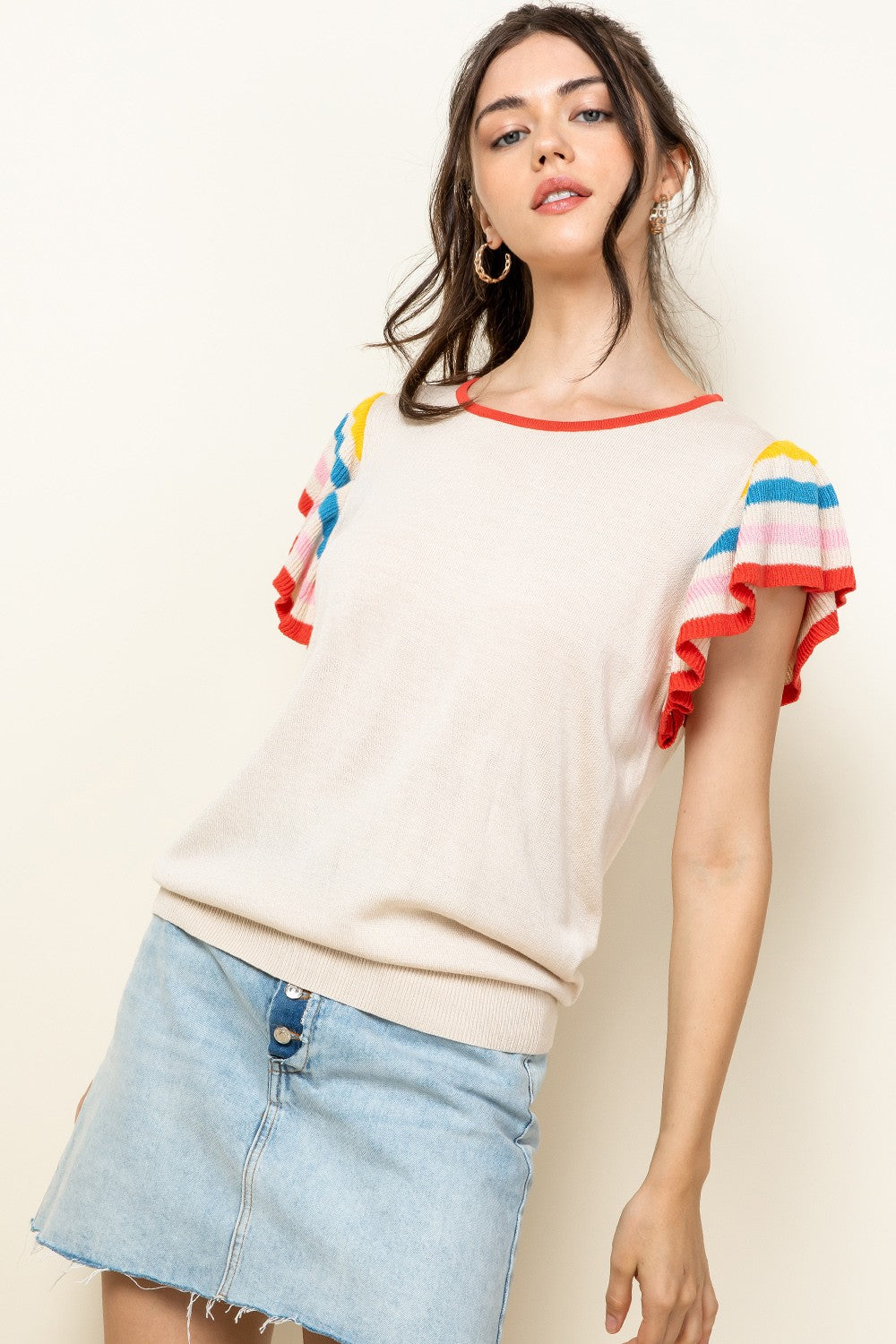 Rib Knit Flutter Sleeve Top