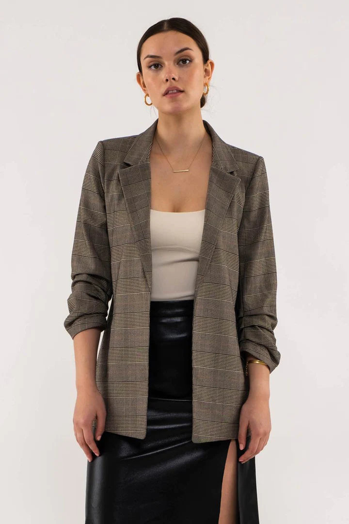 Plaid Rouched Sleeve Blazer