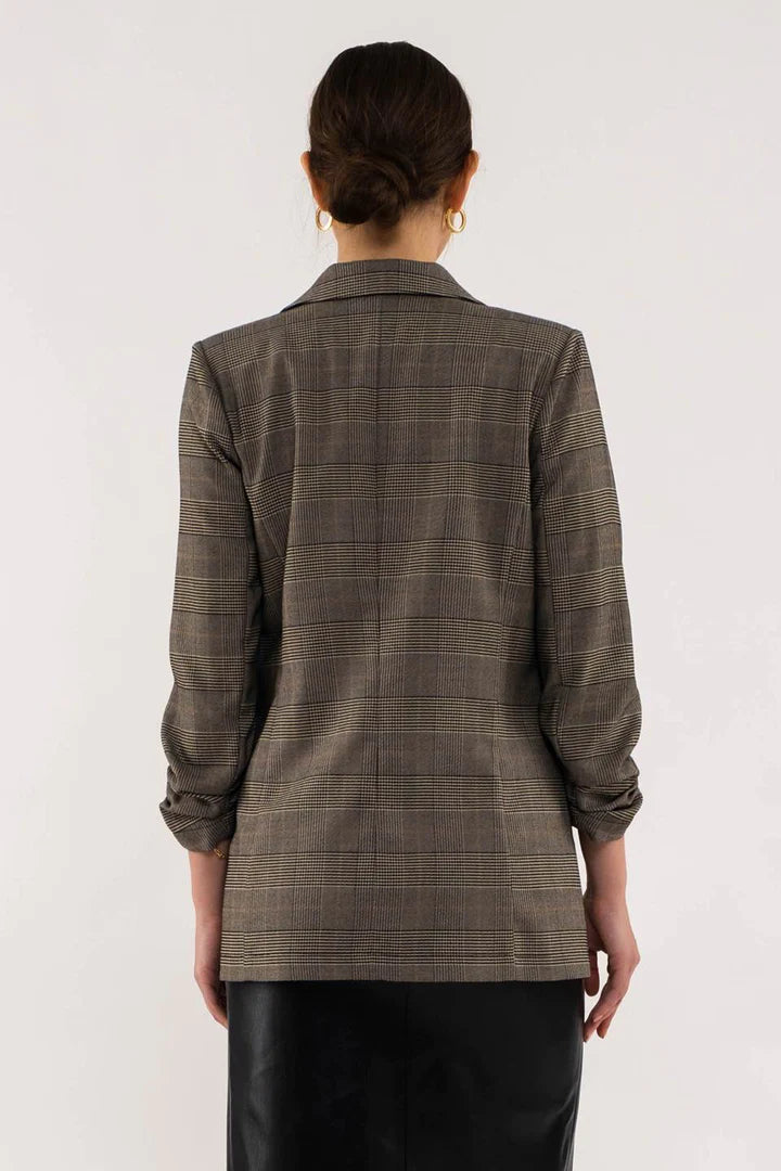 Plaid Rouched Sleeve Blazer