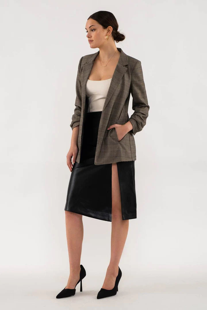 Plaid Rouched Sleeve Blazer