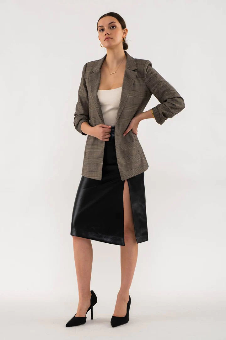 Plaid Rouched Sleeve Blazer
