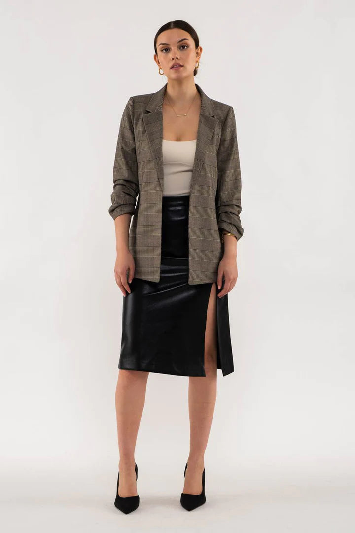 Plaid Rouched Sleeve Blazer
