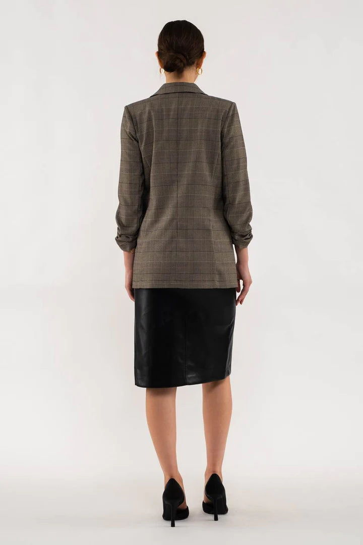 Plaid Rouched Sleeve Blazer