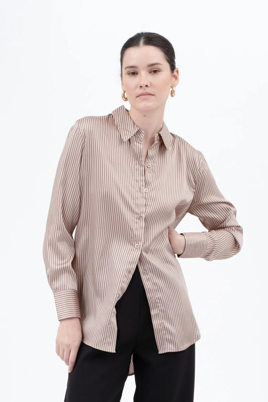 Pinstripe Satin Top - Light Mocha
