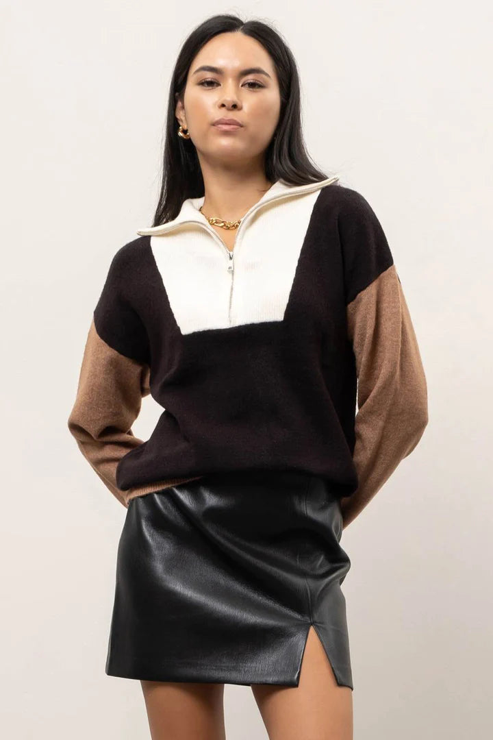 Colorblock Half-Zip Sweater - Black