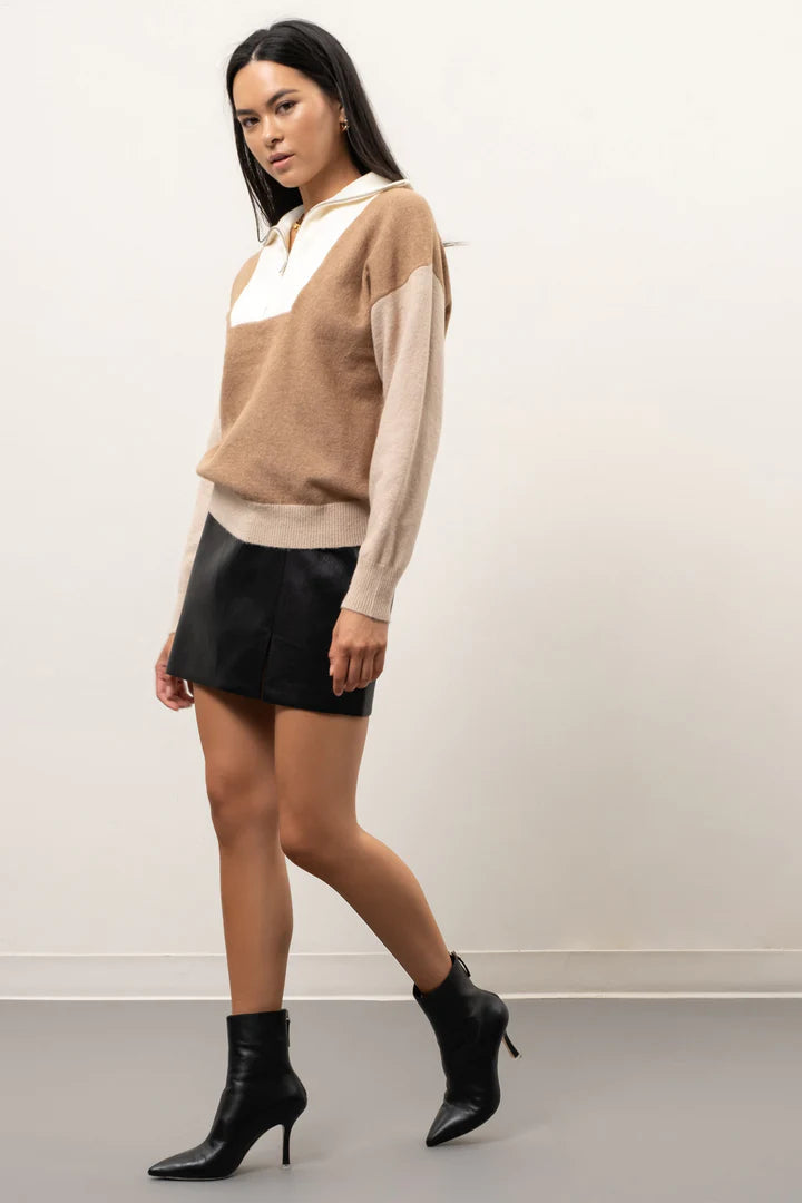 Colorblock Half-Zip Sweater - Camel