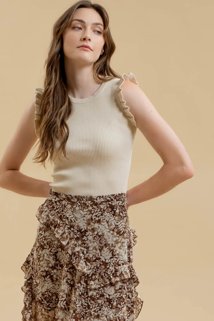 Ruffle Sleeveless Sweater Tank - Natural