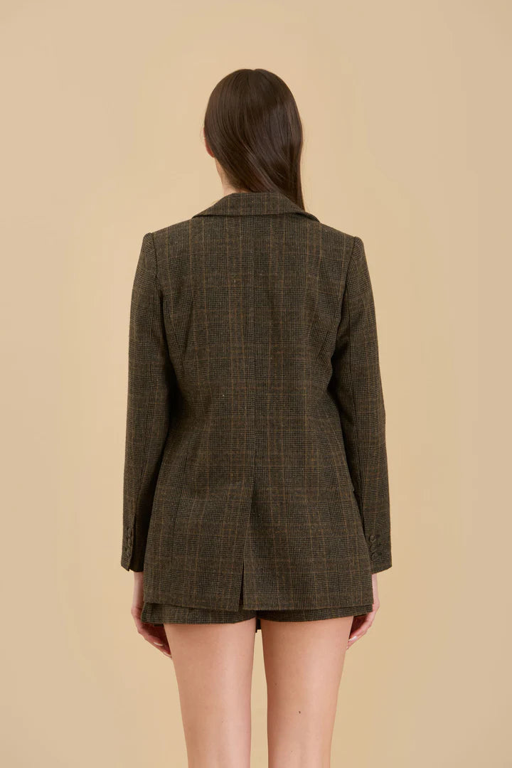 Plaid Front Button Blazer - Dark Mocha