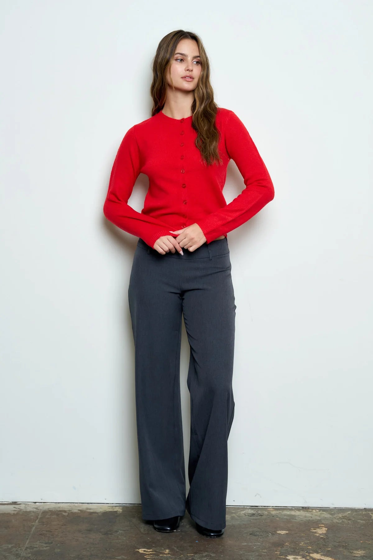 Solid Button Up Cardigan - Red