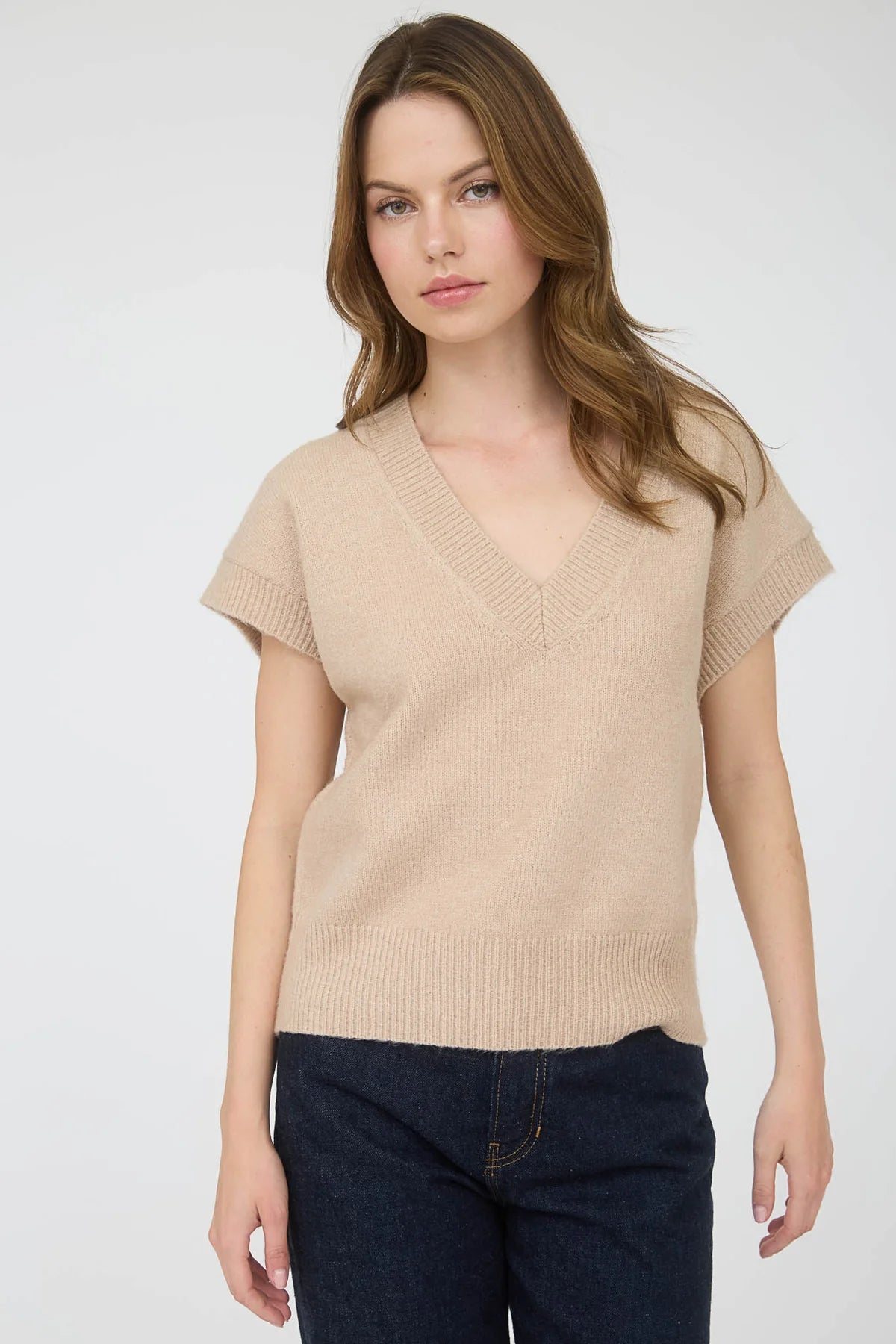Solid V Neck Sweater - Light Khaki