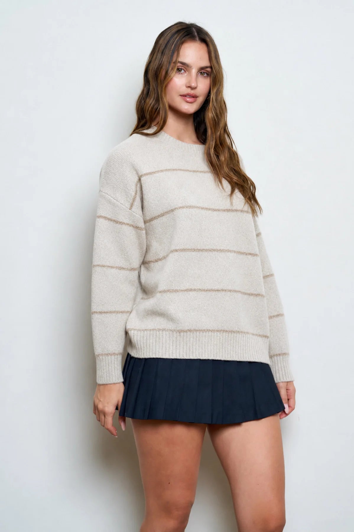 Striped Oversized Pullover Sweater - Oatmeal