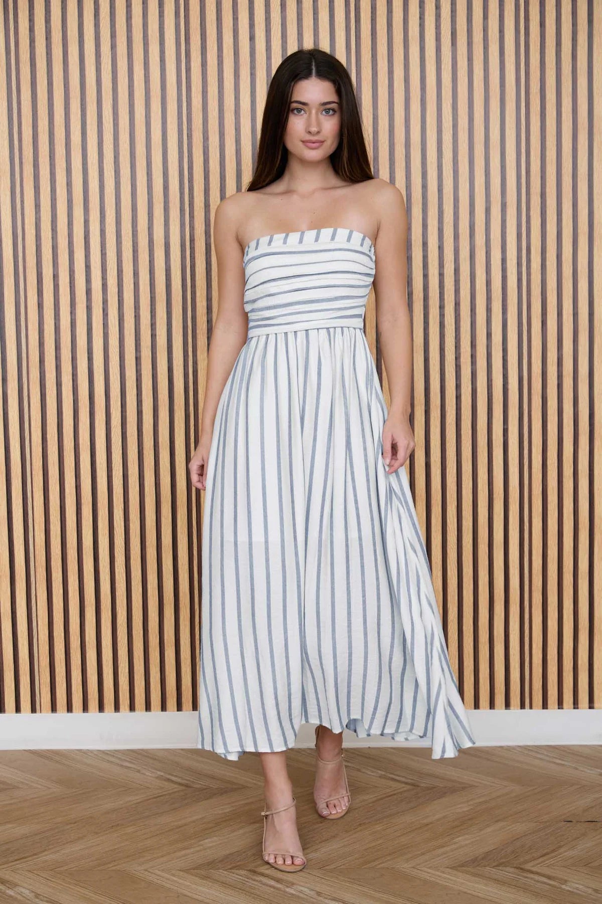 Striped & Pleated Strapless Dress