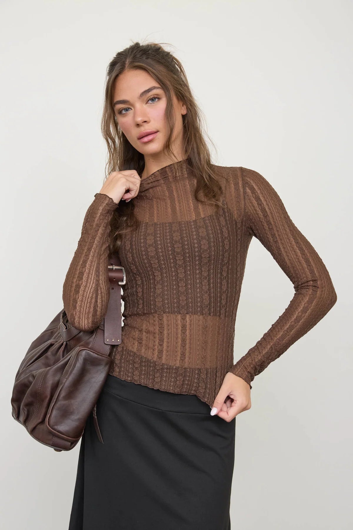 Sheer Striped Lace Top - Brown