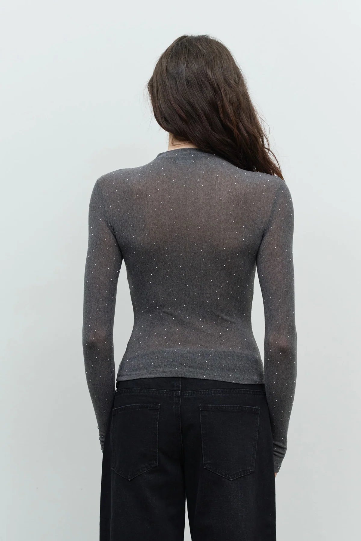 Rhinestone Sheer Top - Charcoal