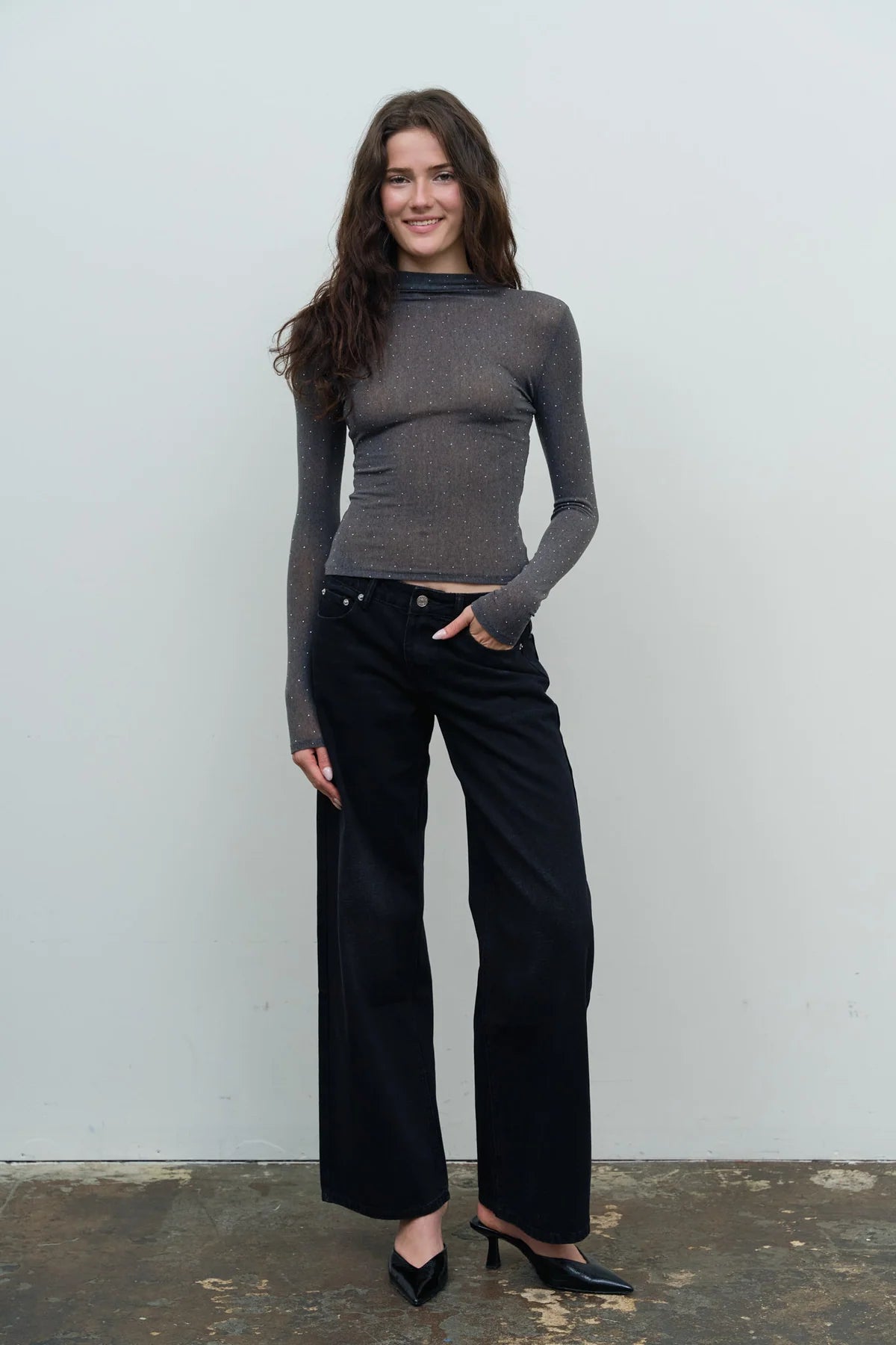 Rhinestone Sheer Top - Charcoal