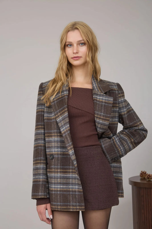 Plaid Notch Collar Coat