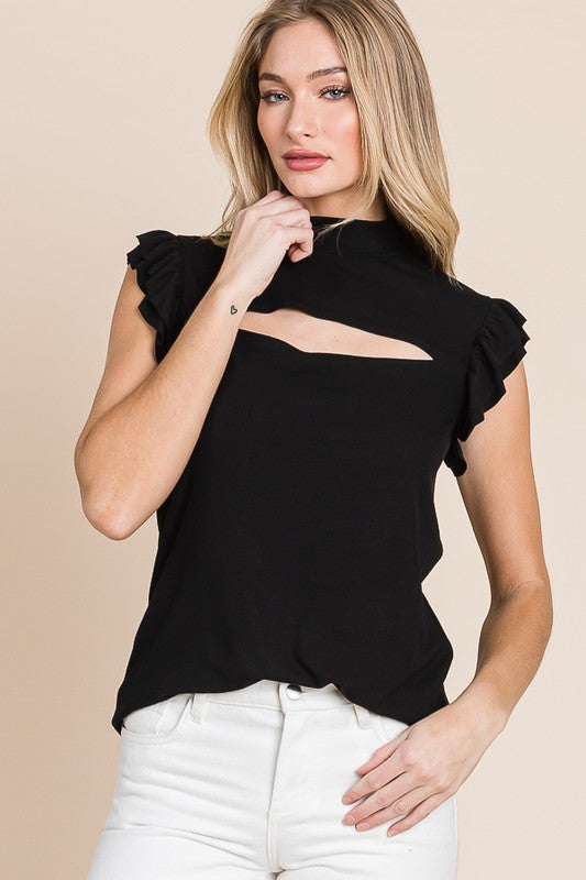 Black Ruffle Sleeve Open Front Top