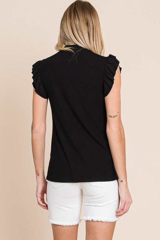 Black Ruffle Sleeve Open Front Top