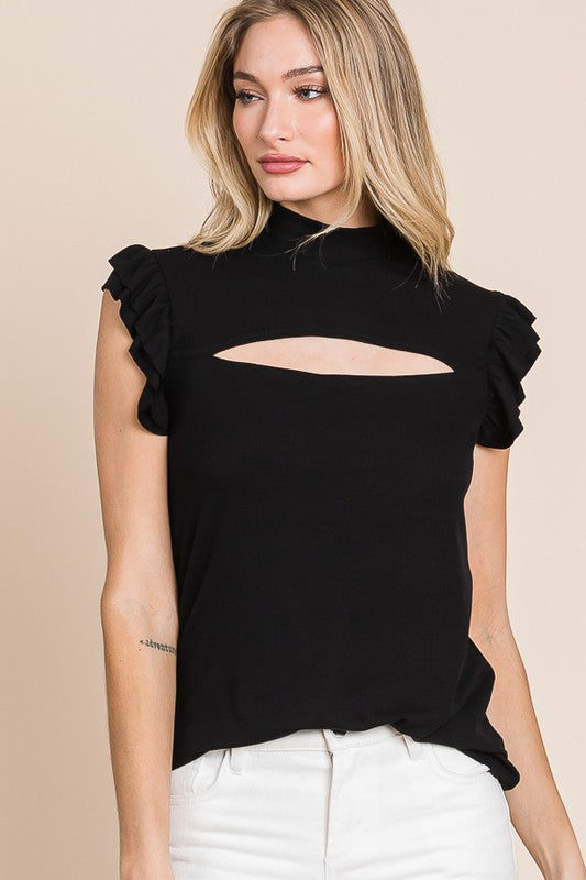 Black Ruffle Sleeve Open Front Top