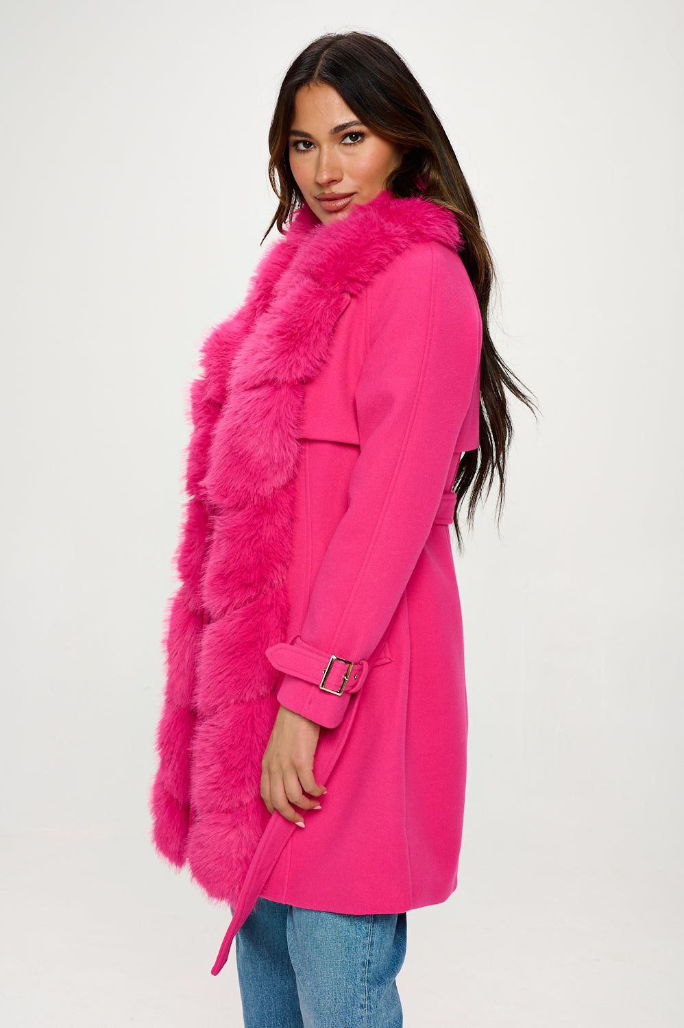 Faux Fur Trim Trench Coat