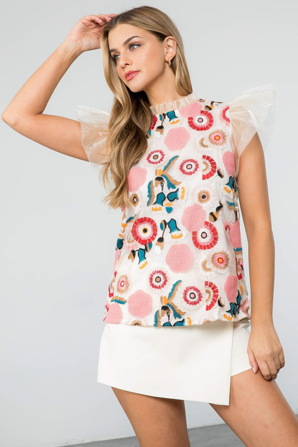 Mesh Sleeve and Collar Embroidered Top