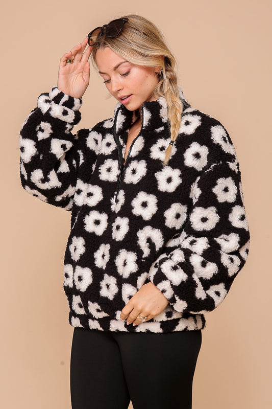 Daisy Print Sherpa Jacket - Black