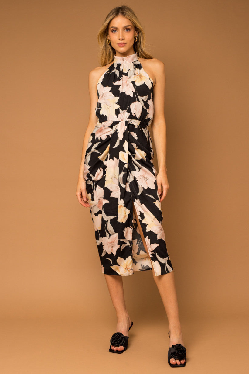Floral Print Side Slit Halter Dress