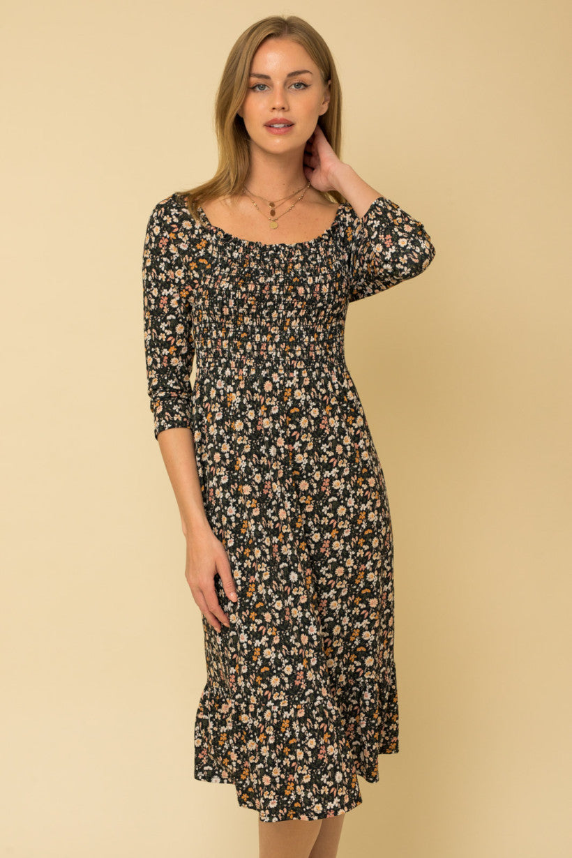 Smocked 3/4 Sleeve Floral Print Dress