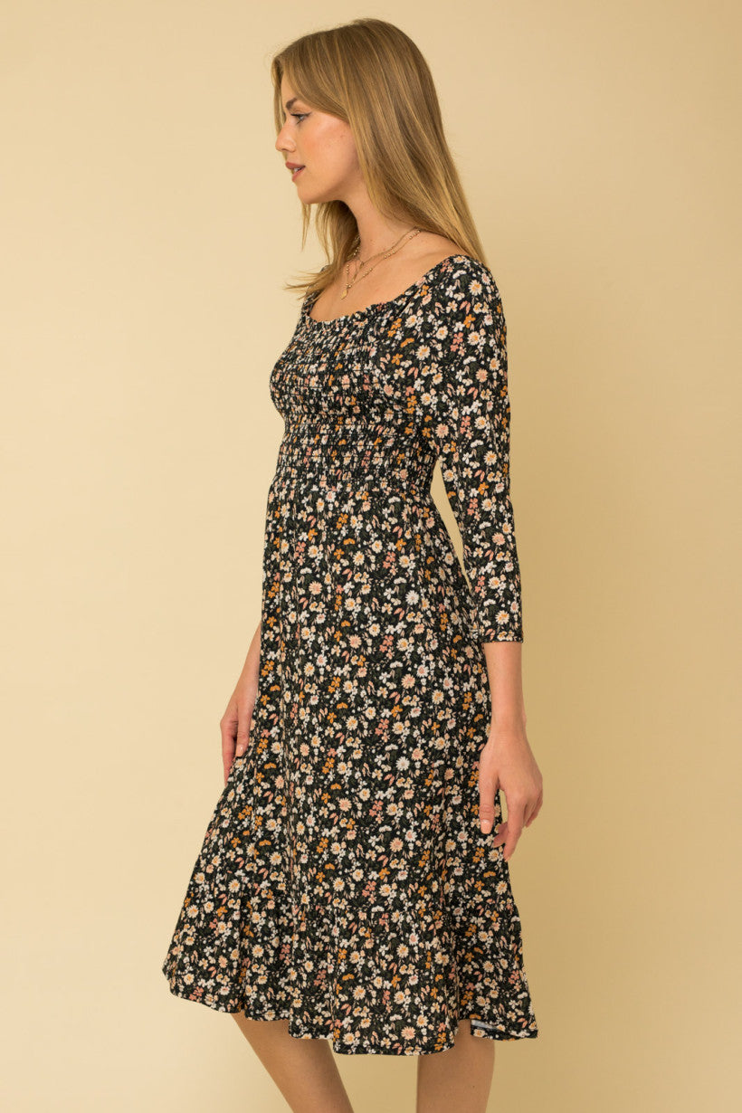 Smocked 3/4 Sleeve Floral Print Dress
