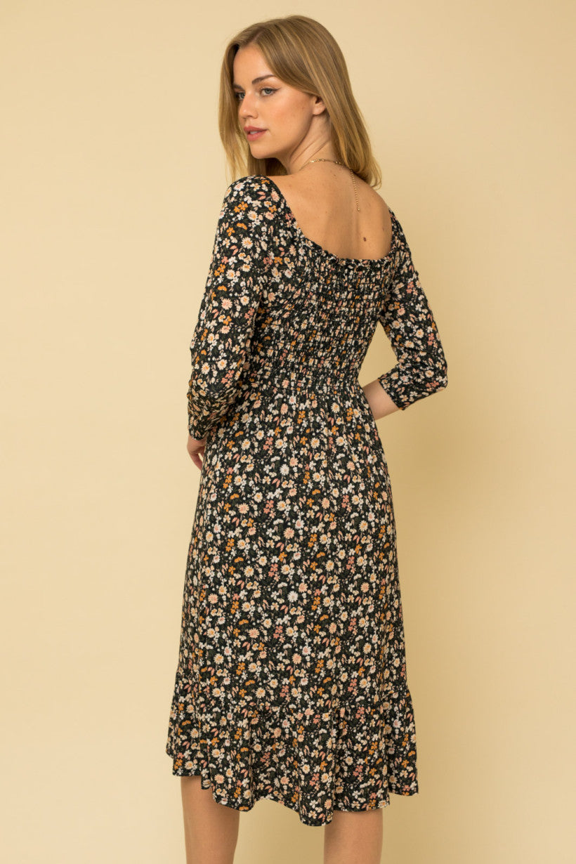 Smocked 3/4 Sleeve Floral Print Dress