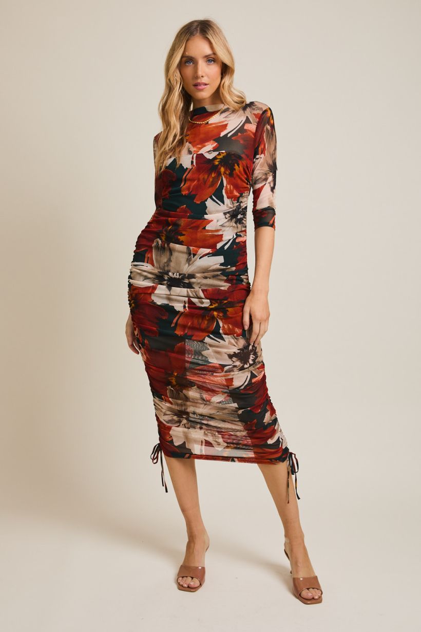 Side Shirring Floral Dress S / Black MULTI Side Shirring Floral Dress S / Black MULTI