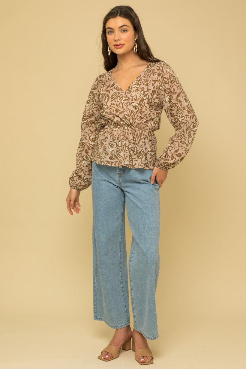 Surplice Long Sleeve Peplum Top