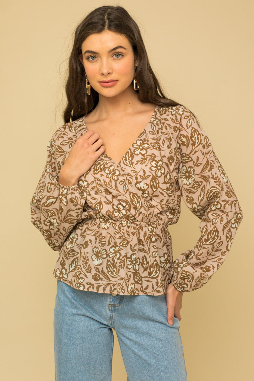 Surplice Long Sleeve Peplum Top