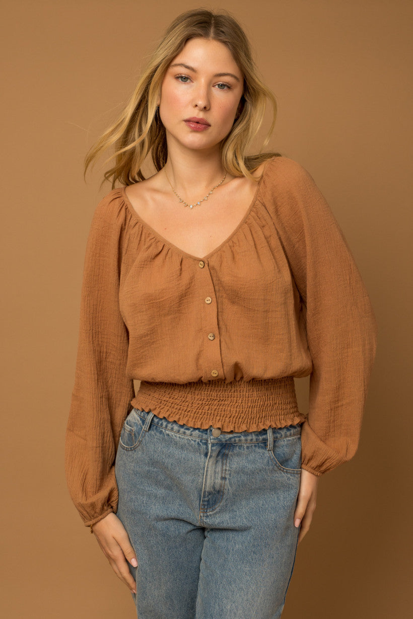 Smocked Detail V-Neck Top