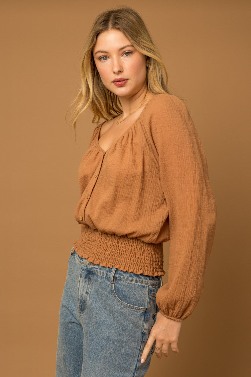 Smocked Detail V-Neck Top