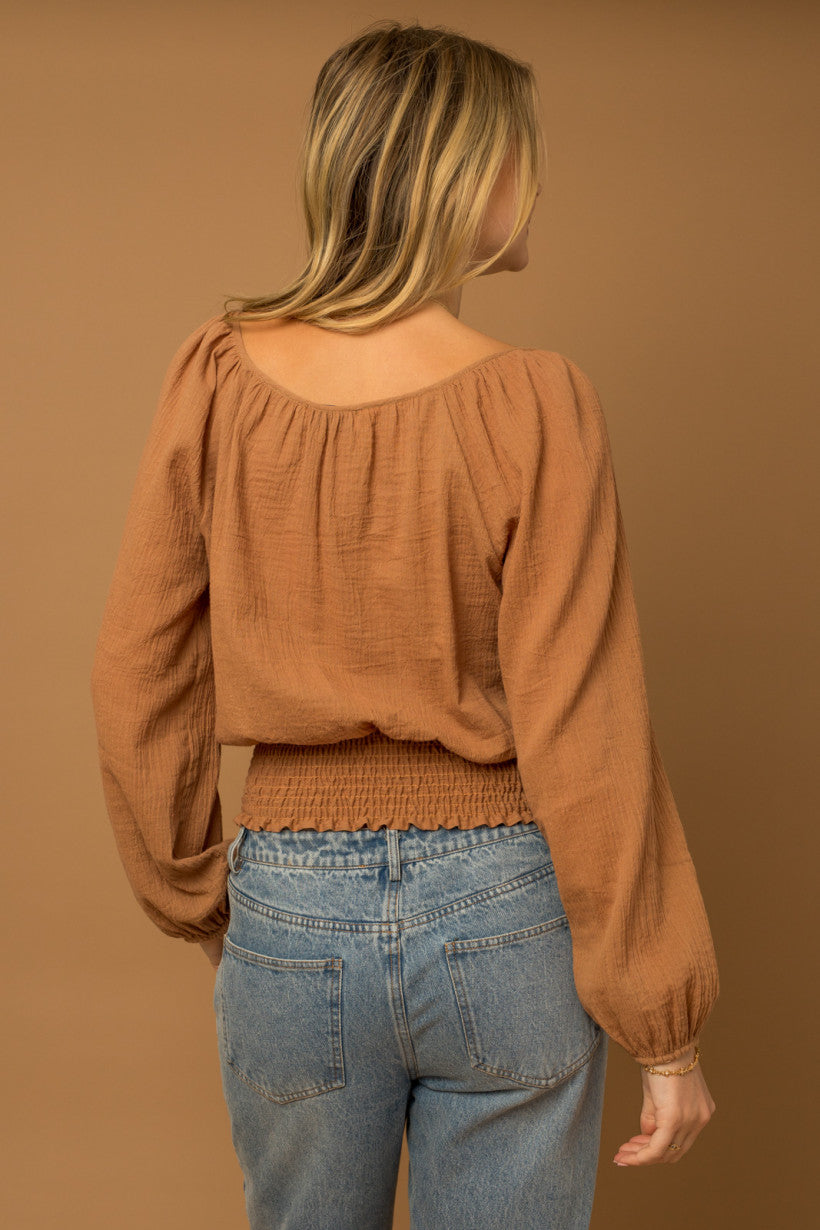 Smocked Detail V-Neck Top