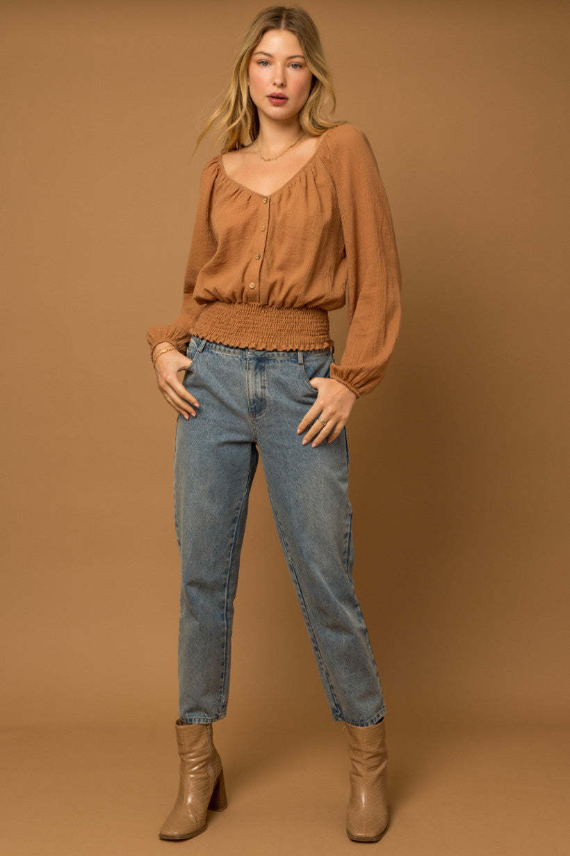 Smocked Detail V-Neck Top