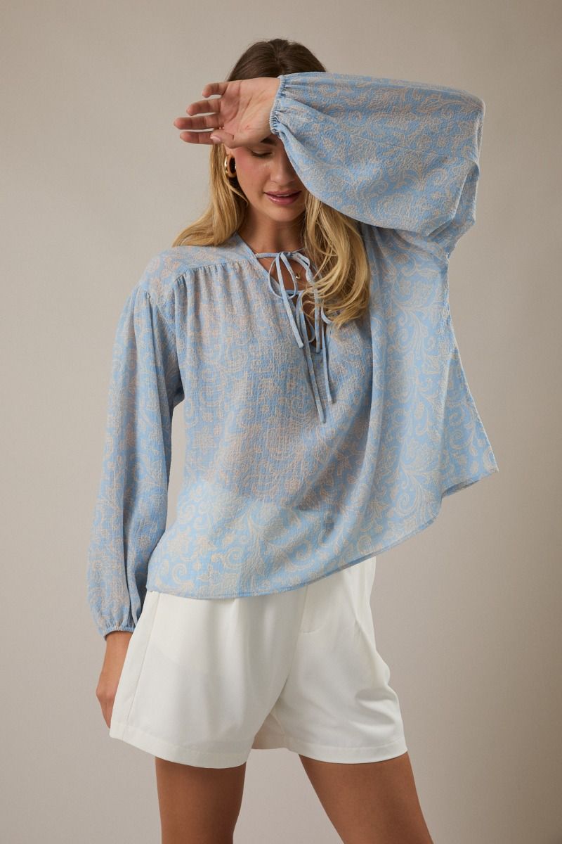 Paisley Tie-Neck Long Sleeve Top
