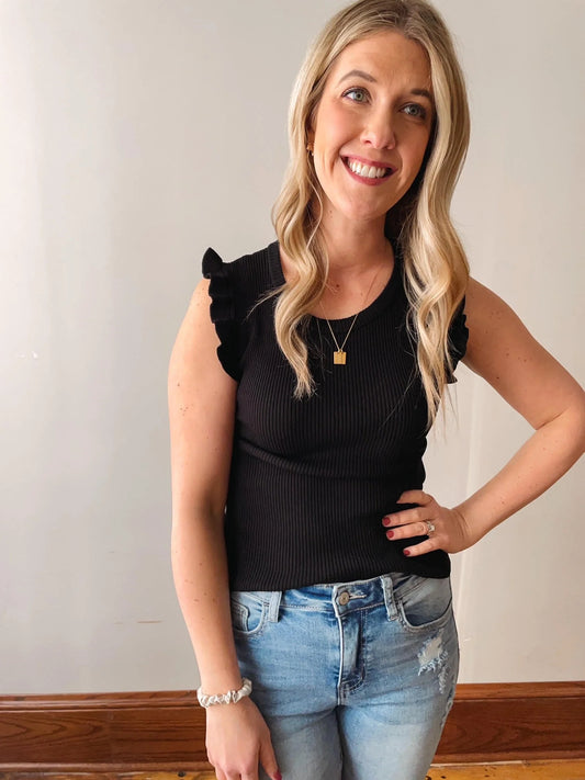 Ruffle Sleeveless Sweater Tank - Black