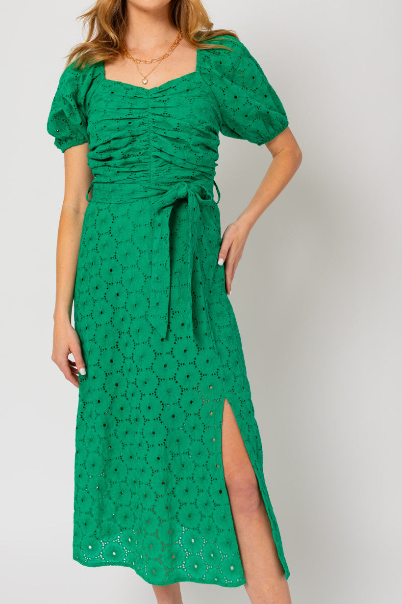 Eyelet Ruched Green Dress